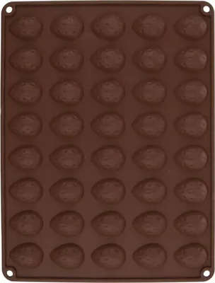 A top-down view of a brown silicone baking mold with 40 individual cavities shaped like strawberries.