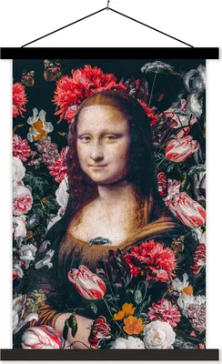 Produktbild von MuchoWow® Textilposter Mona Lisa - Leonardo da Vinci - Blumen - Rosa 40x60 cm mit schwarzem Rahmen - Wanddekorationen