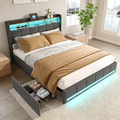 Obrázek produktu pro Manželská postel (140 x 200 cm) z šedého lnu s LED osvětlením, 4 kovovými zásuvkami, úložným prostorem v čele postele a USB/typ C konektory, moderní a funkční design