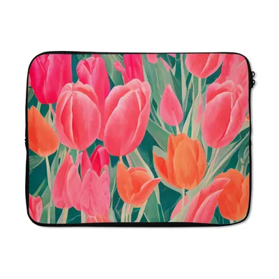 Produktbild von MuchoWow® Laptop Hülle 17 Zoll Laptoptasche Tulpen - Blumen - Rosa - Rot - Kunst - Zipper - Schutzabdeckung