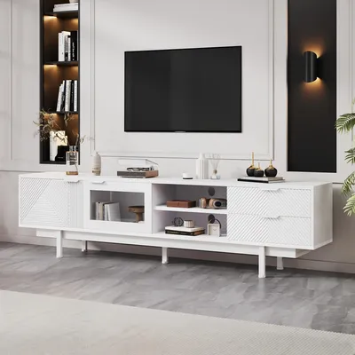 Immagine prodotto di MODFU Tavolo TV moderno Mobile TV con 2 ante e 2 cassetti, con ampio spazio per TV 80", bianco