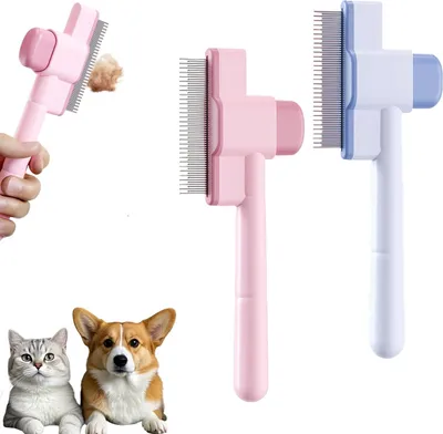 Produktbild von 2 Stück selbstreinigende Flohkamm für Haustiere - Entsperrknopf - Kamm zum Entfernen von Tierhaaren - Katzen Hunde Flohkamm