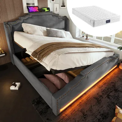 Image de Lit rembourré 140x200, lit double avec rangement hydraulique, éclairage LED et port de chargement USB-C,Gris, Avec matelas
