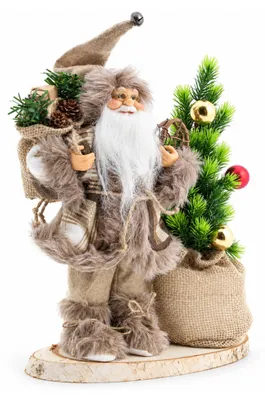 Imagen del producto de Benza – Papá Noel con árbol de Navidad iluminado – 30 cm – Con saco de yute – Adorno navideño de pie sobre base de madera – Color marrón