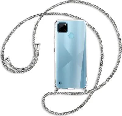 Produktbild von Handykette Backcover-Schutzhülle mit Band (Metall silberfarben) für  Realme C21Y /C25Y - weiß/grau kariert
