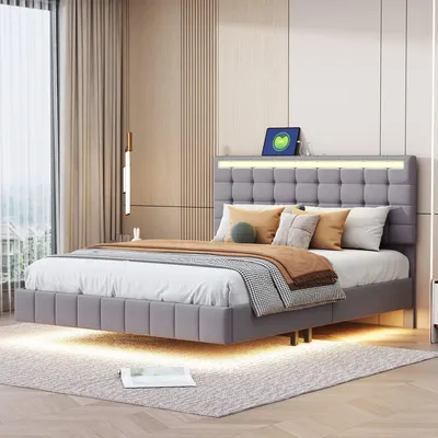 Produktbild von Odikalo Kinderbett Doppelbett 140x200, gepolsterter Schwebebettrahmen mit Kopfteildesign  Grau