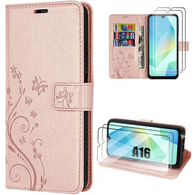 Image de Coque + 2 Verres Trempés pour Samsung Galaxy A16 4G/5G, Protection Rabat Anti-Rayures Synthécuir Relief Floral Rose