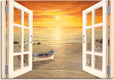 Produktbild von ARTland Leinwandbild Möwen am Meer, weißes Fenster Größe: 100x70 cm
