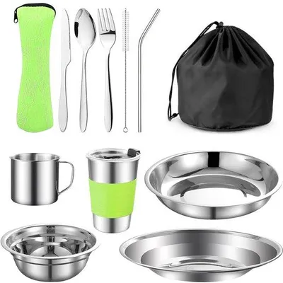 Productafbeelding van Unyqoos® Ultralicht roestvrijstalen campingbestekset – Compleet, draagbaar met bord, kom, lepel en beker (inclusief deksel + rietje) voor outdooravonturen