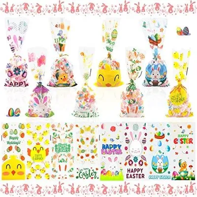 Produktbild von TOPJOWGA Ostern Cellophantüten, 100Stück Zellophantüten Klar, Ostern Plätzchentüten, Ostertüte Hase Set, Geschenktüte Ostern, Candy Geschenk Taschen, Partytüten für Kekse Nüsse Schokolade Süßigkeiten