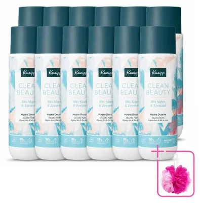 Imagen del producto de 12 unidades de gel de ducha Kneipp Clean Beauty, con algas y sal marina, de 200 ml cada uno. Pack ahorro
