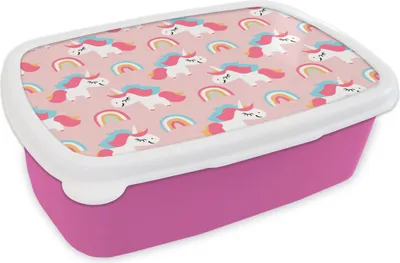 Produktbild von KitchenYeah® Lunchbox Brotzeit Brotdose 17x11 cm Einhorn - Regenbogen - Rosa - Muster Kinder Brotzeitdose - Lunchpaket - Brotkasten  - Sandwich Box