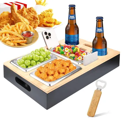 Immagine prodotto di TRANKIELO® - Contenitore multifunzionale per snack, con contenitori in acciaio inossidabile – Vassoio in bambù con portabicchieri e coperchio removibile
