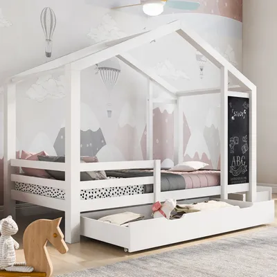 Obrázok produktu pre Merax detská posteľ 90x200 cm s lamelovým roštom a ochranou proti vypadnutiu, doskou a 2 zásuvkami, jednolôžková drevená posteľ Borovicová posteľ, biela