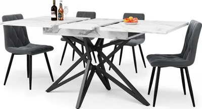 Produktbild von Flieks Sitzgruppe Essgruppe Esszimmer 5-tlg, Küchentischset Ausziehbarer Esstisch mit 4 Stühlen, Esszimmerstühlen mit Samtbezug, Weiß