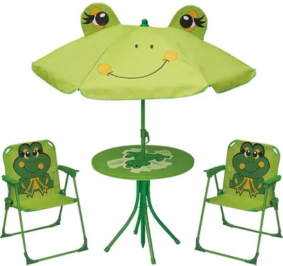 A frog-themed children's outdoor furniture set including a table and two chairs with a matching umbrella.