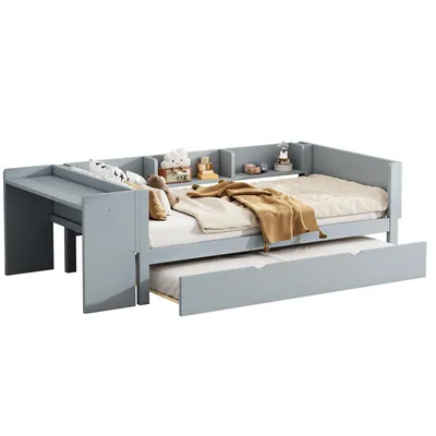 Produktbild von Jugendbett mit Ausziehbett, Lattenrost, Schreibtisch, Regal, 90x200cm, Einzelbett, Kinderbett, Holzbett