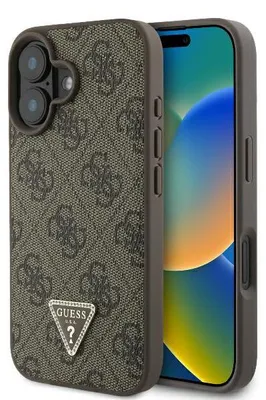 Productafbeelding van Guess lederen telefoonhoesje 4G Triangle Strass met MagSafe, geschikt voor iPhone 16 - Bruin