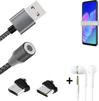 Produktbild von K-S-Trade® Hochwertiges Magnet-Lade-kabel Sync-Kabel Daten-Kabel + Kopfhörer für Huawei P40 lite E mit USB-Typ-C-Anschluss und Micro-USB-Anschluss