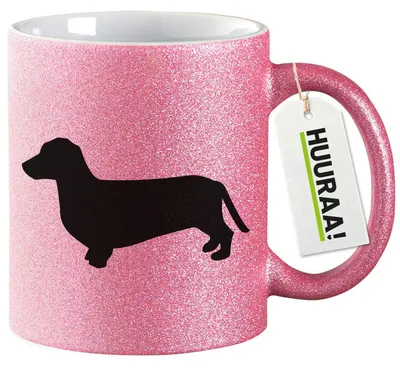 Produktbild von Huuraa Glitzertasse Dackel Silhouette 330ml Pink Keramik Kaffeebecher Geschenkidee