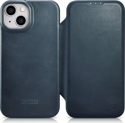 Zdjęcie produktu dla iCarer CE Oil Wax Premium Leather Folio Case skórzane etui iPhone 14 Plus z klapką magnetyczne MagSafe niebieski (AKI14220707-BU)