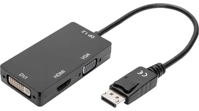 Produktbild von Digitus DisplayPort 3in1 Adapter / Konverter - DP - HDMI+DVI+VGA, 0,2 m, DisplayPort, DisplayPort, Stecker, Buchse, Gold