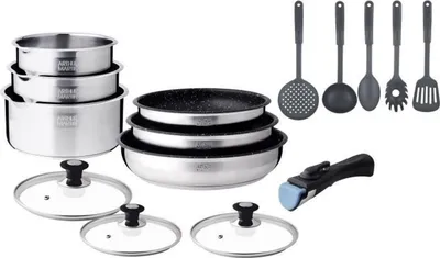 Produktbild von Induktionskochgeschirr-Set aus Edelstahl – 15-teilig – Abnehmbarer Griff – Geeignet für alle Herdarten, inklusive Induktion