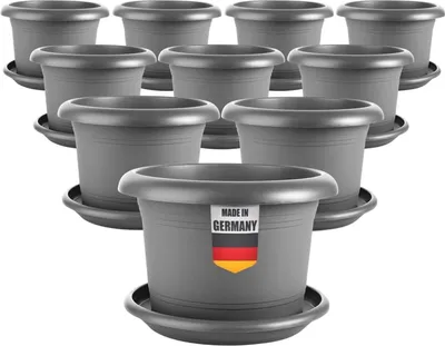 Produktbild von Großes Blumentopf 10er-Set anthrazit, robust, frostsicher, mit Untersetzer, vielseitig