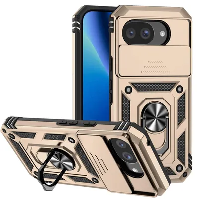 Image de Étui pour Google Pixel 10A avec protection coulissante pour l'appareil photo et support à anneau – Étui de protection robuste pour Google Pixel 10A, couleur or
