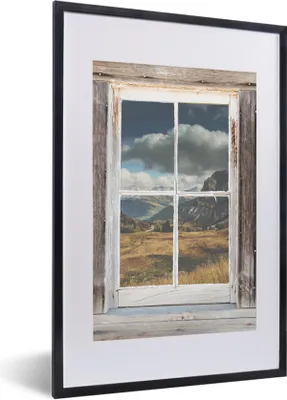 Produktbild von MuchoWow® Gerahmtes Poster Aussicht - Berg - Holz 40x60 cm - Poster mit Schwarzem Bilderrahmen Wandposter Rahmen Foto Bilder - Poster in Rahmen