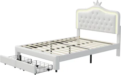 Obrázek produktu pro ProximaX ProximaX čalouněná postel 140x200 cm pro děti - manželská postel ve tvaru koruny, s lamelovým roštem, LED diodami a zásuvkou - bílá barva