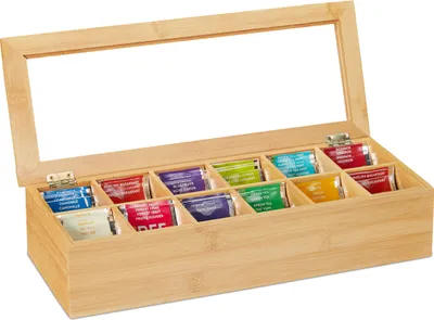 Produktbild von Relaxdays Teebox, Bambus, 12 Fächer, Teekiste mit Sichtfenster, Organizer für Teebeutel, HxBxT: ca. 9x41x16 cm, natur