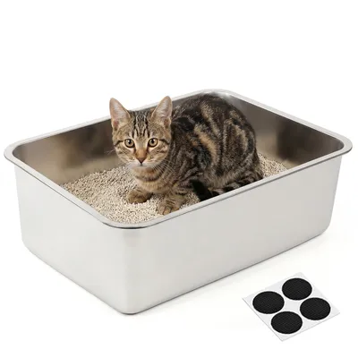 Produktbild von Katzentoilette Groß Katzenklo Edelstahl 44.5x34.5x14.5cm, mit Hohem Rand, Leicht zu Reinigen Antihaft