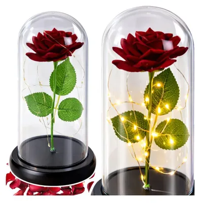 Zdjęcie produktu dla Wieczna róża w szklanej kopule z oświetleniem LED, czerwona, 21 cm – dekoracja, prezent