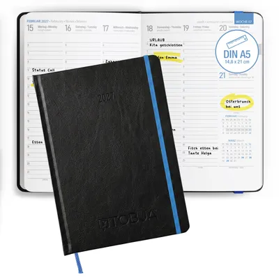 Produktbild von Buchkalender 2027 A5 Nero Blau Hardcover - 1 Woche 2 Seiten Halbstunden 6-21 Uhr