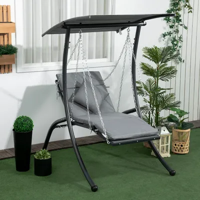 Zdjęcie produktu dla Huśtawka ogrodowa Outsunny z poduszkami, wisząca leżanka z regulowanym zadaszeniem do ogrodu, balkonu, 108 x 145 x 169 cm, stal, ciemnoszary