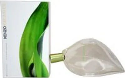 A perfume bottle and its packaging are displayed against a white background.