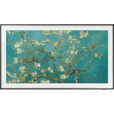 A painting of a flowering tree against a teal background, framed by a black border.