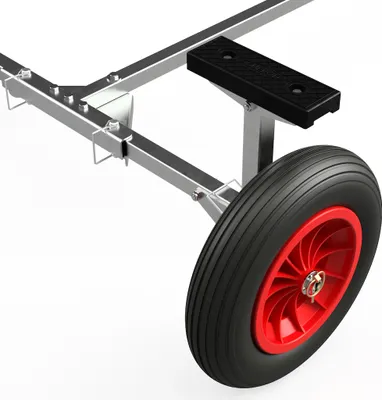 Close-up of a trailer wheel and frame.