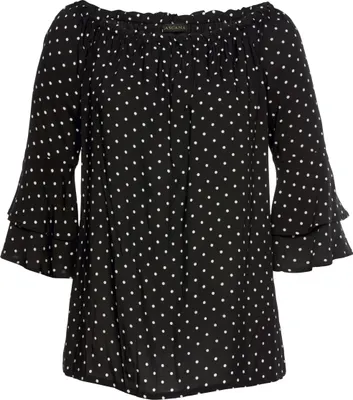 Produktbild von LASCANA Carmenbluse mit Pünktchendruck aus gewebter Viskose schwarz-weiß-gepunktet Größe 46