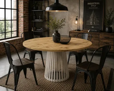 Produktbild von Runder Dining Tisch Viero 100 cm Artisan Eiche – Moderner Esstisch mit Metallgestell in Kaschmir
