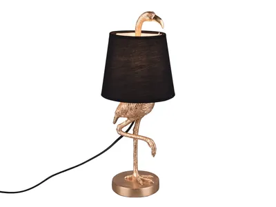 Produktbild von Retro Tischleuchte Flamingo in Gold mit Stoff Lampenschirm in Schwarz, Höhe 42cm