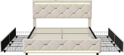 Immagine prodotto di UnboxG Letto imbottito 140x200cm con 4 cassetti, illuminazione LED e porta di ricarica USB, letto matrimoniale in velluto, beige