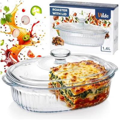 Immagine prodotto di Vilde | Pirofila con coperchio 1,6 L - Rostiera in vetro - Resistente fino a 400°C - Per forno e microonde
