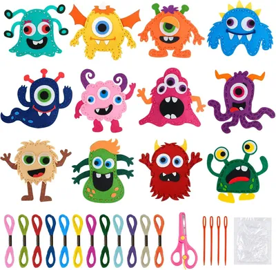 Immagine prodotto di Set di 12 articoli per cucito in feltro, tra cui modelli, articoli per cucito per bambini e principianti, kit di artigianato fai-da-te in feltro, giocattoli da cucire