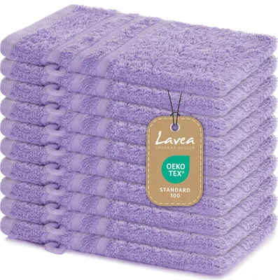 Produktbild von Lavea® 10er Set Waschhandschuh 15x21 cm – Saugstark Weich aus 100% Baumwolle, Frottierserie Elena – Waschbar und Strapazierfähig – Lavendel