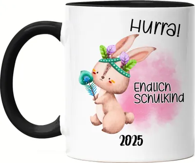 Produktbild von Endlich Schulkind 2025 Hase Tasse Schwarz Einschulungs-Geschenk Erstklässler Schulanfang
