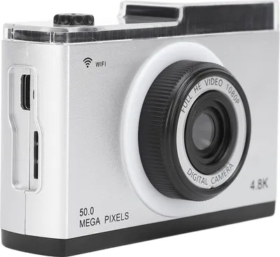 Imagen del producto de Cámara digital de 48 megapíxeles, 1080p, con zoom de 8x, compatible con transmisión inalámbrica, diseño retro y compacto, con reproductor de MP3 y marco de fotos. Color: plateado