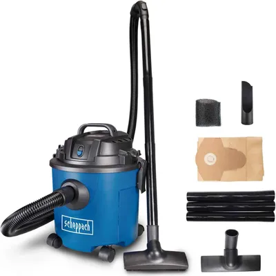 A blue and gray wet and dry vacuum cleaner with various accessories displayed on a white background.