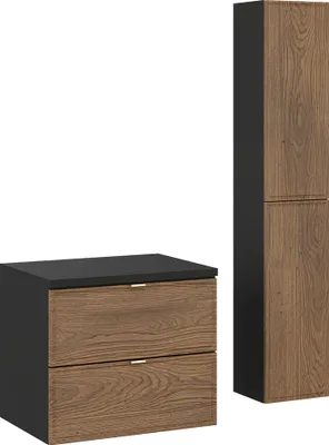 Produktbild von Badmöbel-Set 2-teilig mit 60 cm Waschtischunterschrank und Hochschrank in Eiche und schwarz - TARSIA-56